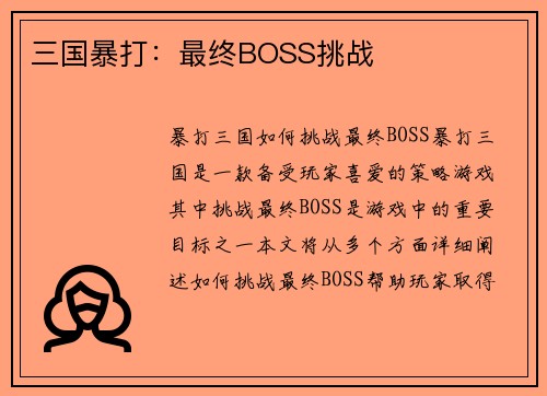 三国暴打：最终BOSS挑战