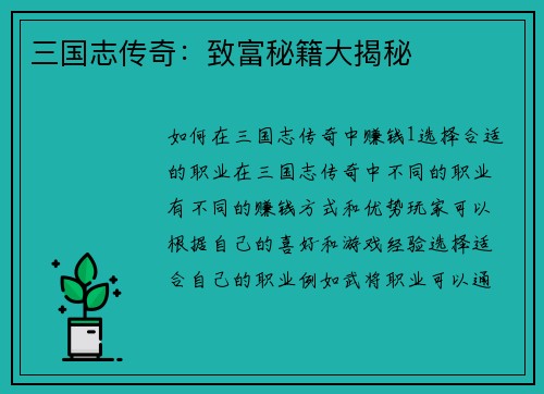 三国志传奇:致富秘籍大揭秘